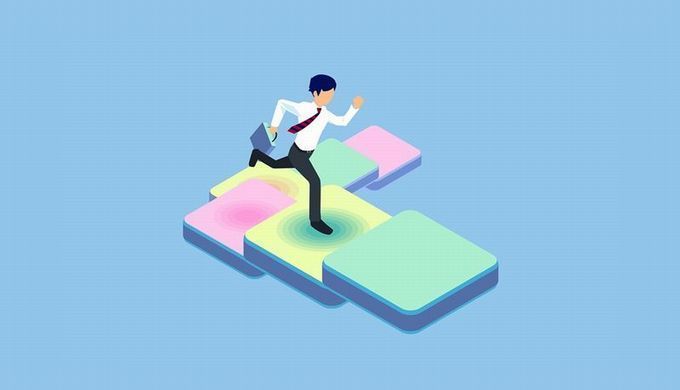 独立の階段を駆け上がる男性