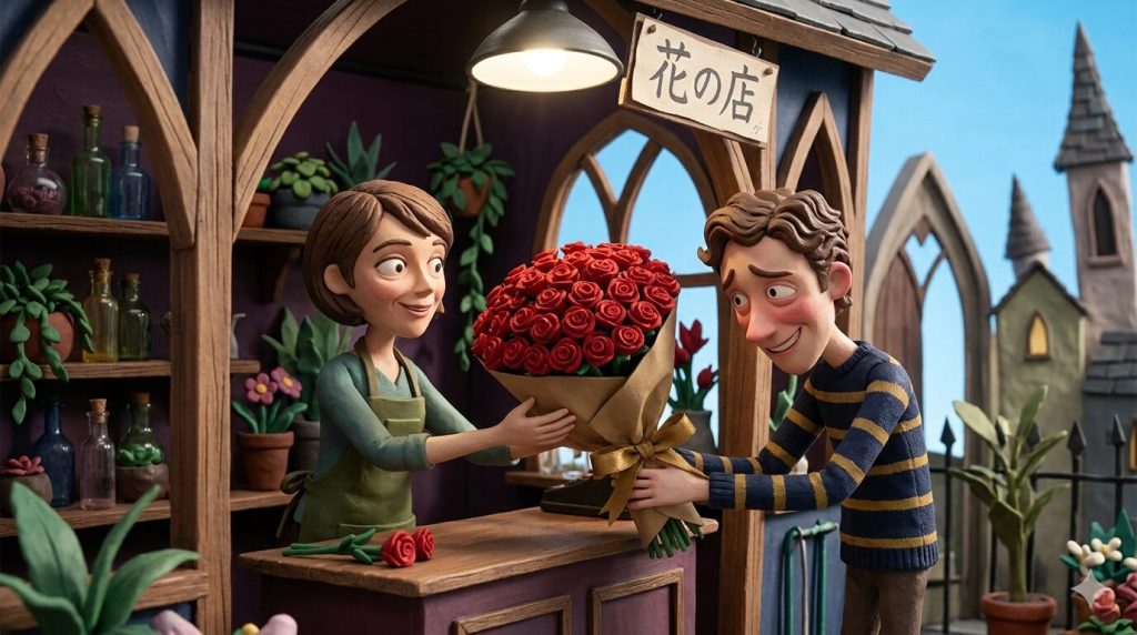 女性の花屋さんから100本のバラの花束を恥ずかしそうに受け取る男性