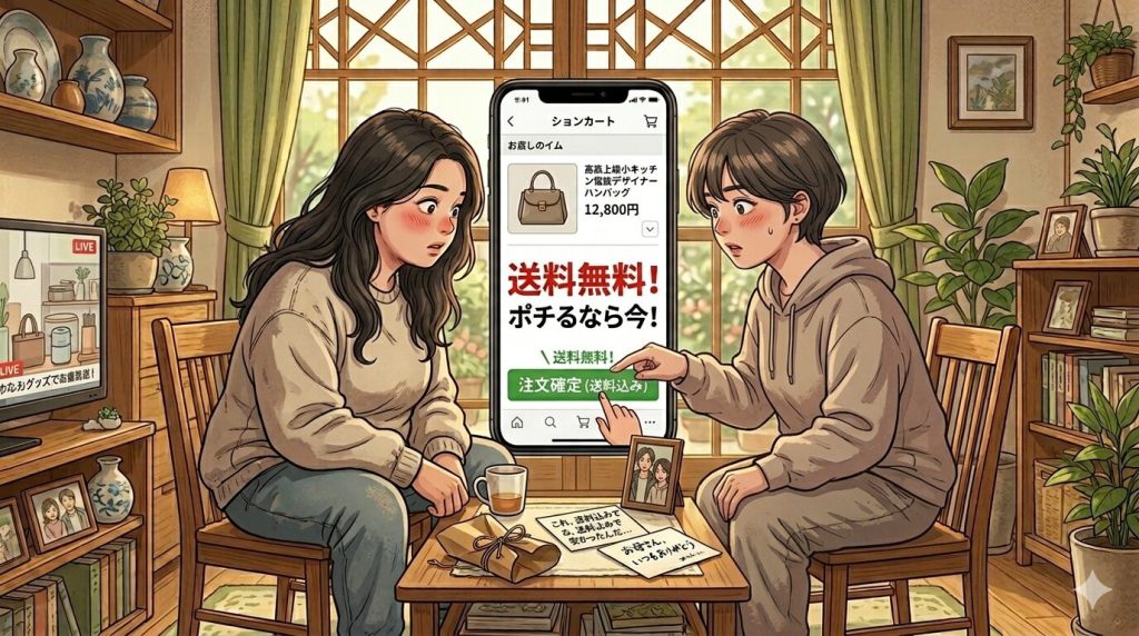 送料無料につられて、商品単価も見ずポチってしまう女性