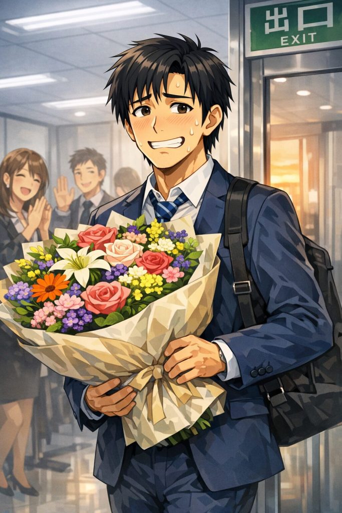 電車で帰るのに、この花は邪魔と感じている男性