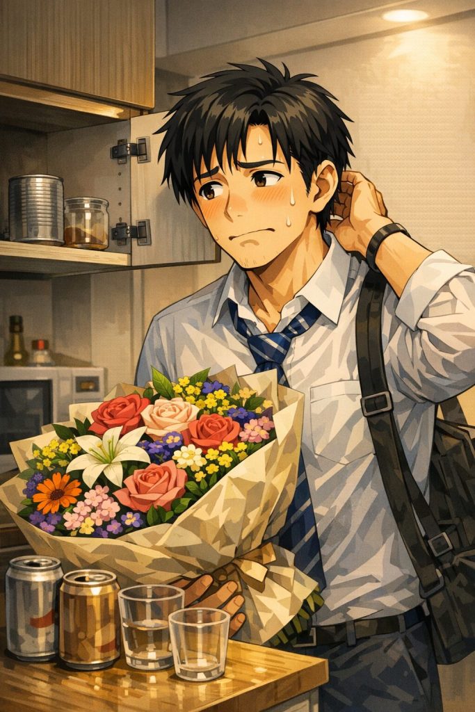 お花をもらったが、花瓶なんかないと困る男性