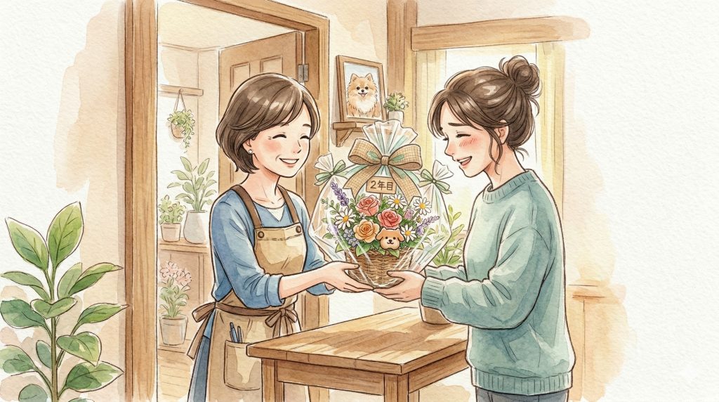 ペットの2年目の命日に贈るお花を受け取る女性