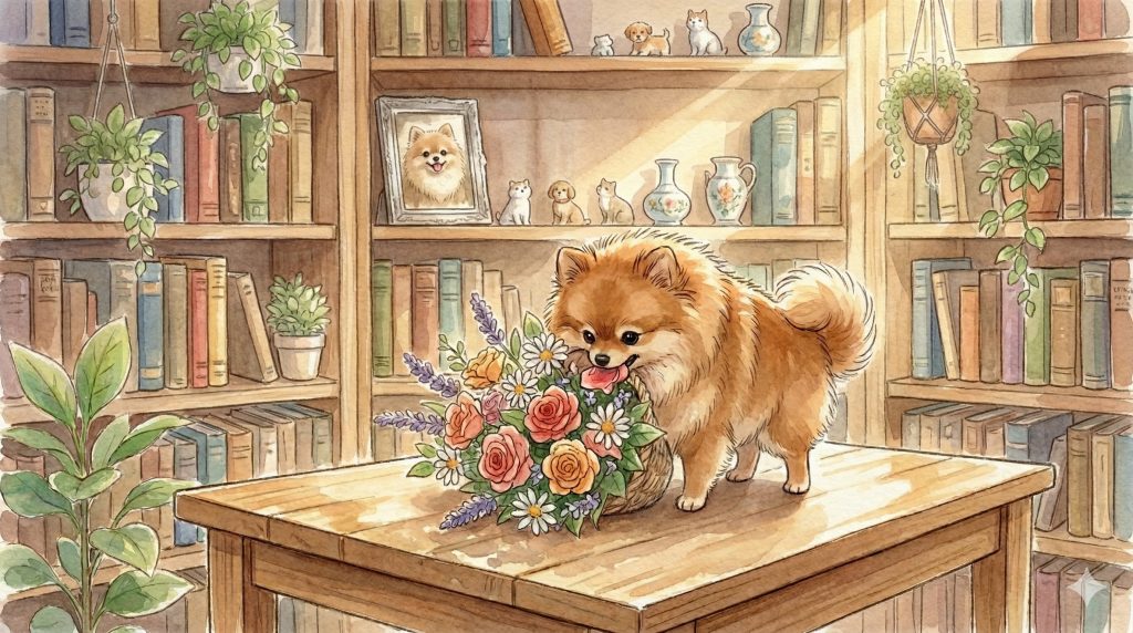 テーブルの上の花をいたずらをして食べてしまう小型犬