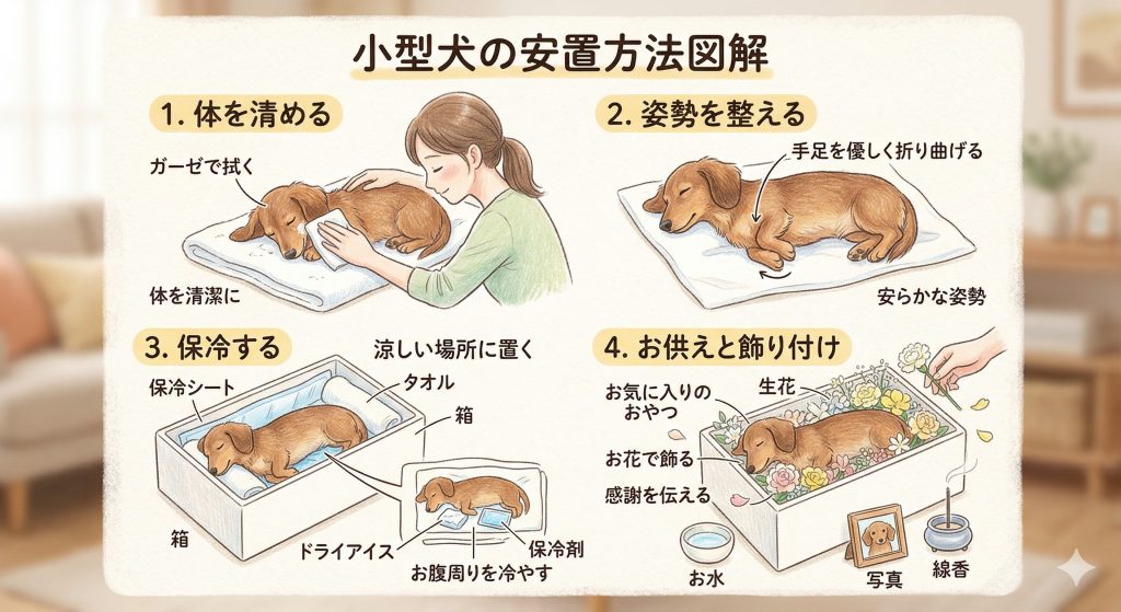 小型犬の安置方法の図解イラスト