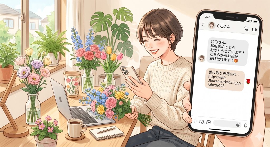 オンラインショップでお花を購入した後、発行される「受け取り専用URL」を送っている