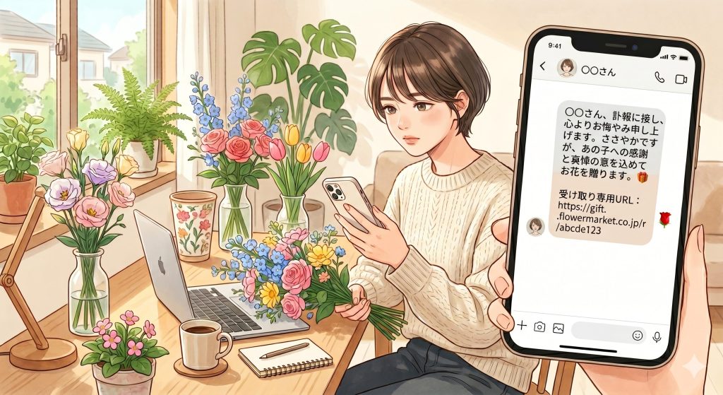 オンラインショップでお花を購入した後、発行される「受け取り専用URL」を相手にスマホで送っている