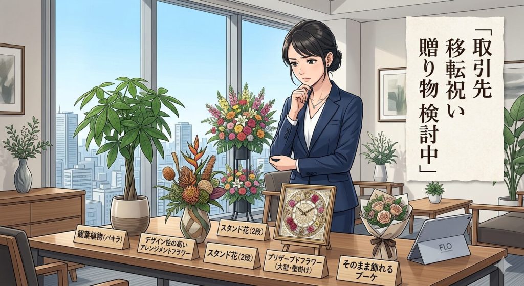 移転祝いに、胡蝶蘭以外でなにを贈ろうか、真剣に悩む女性